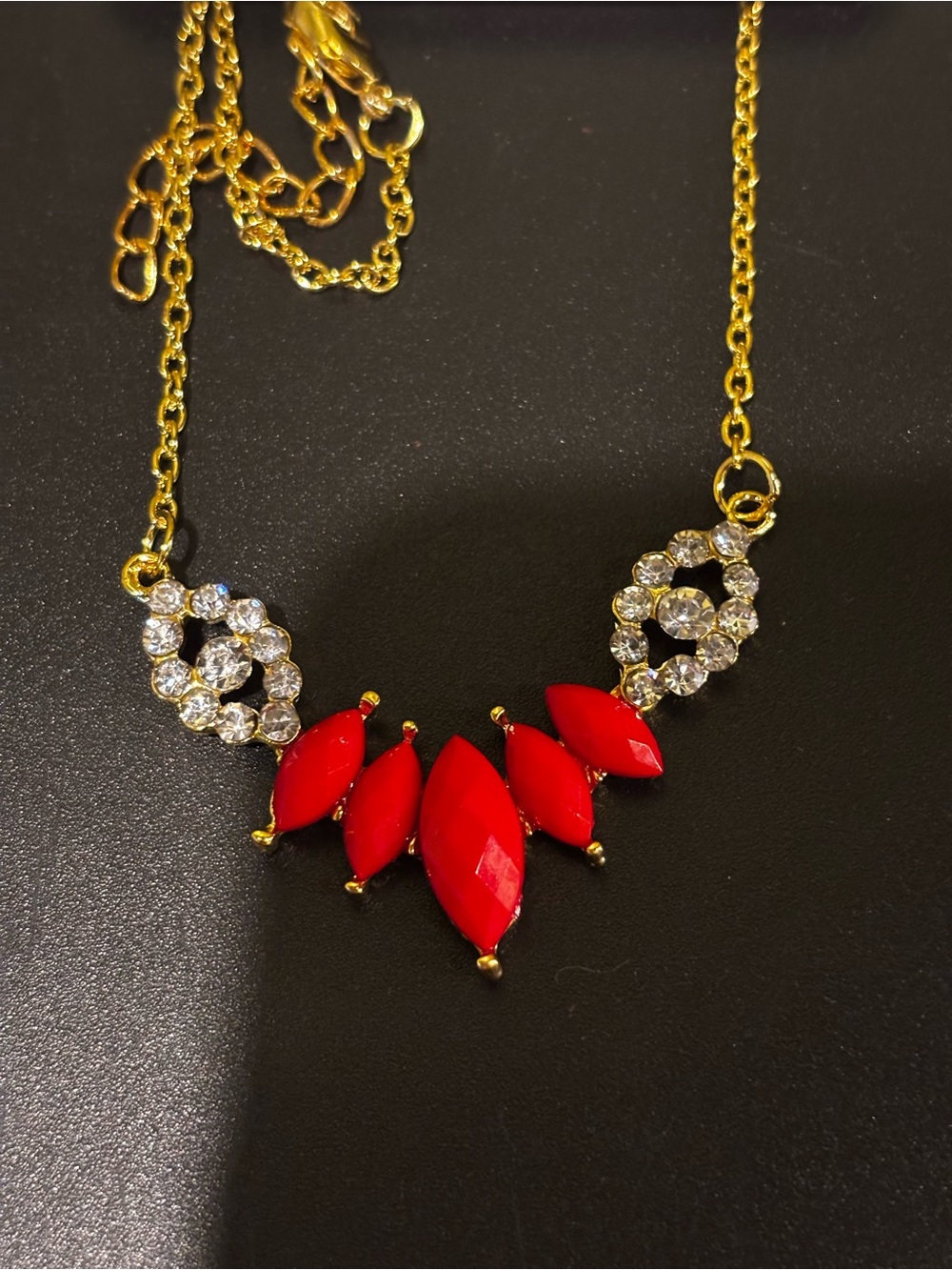Fashion Jewelry Gold Necklace with Red and Clear Crystal Accents - Picture 3 of 10